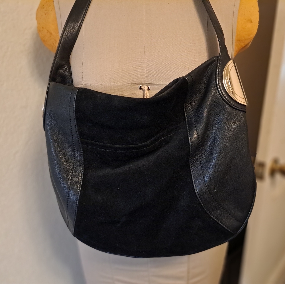 B. Makowsky Gorgeous Black Leather and Suede Hobo Bag w Leopard Lining Very Nice